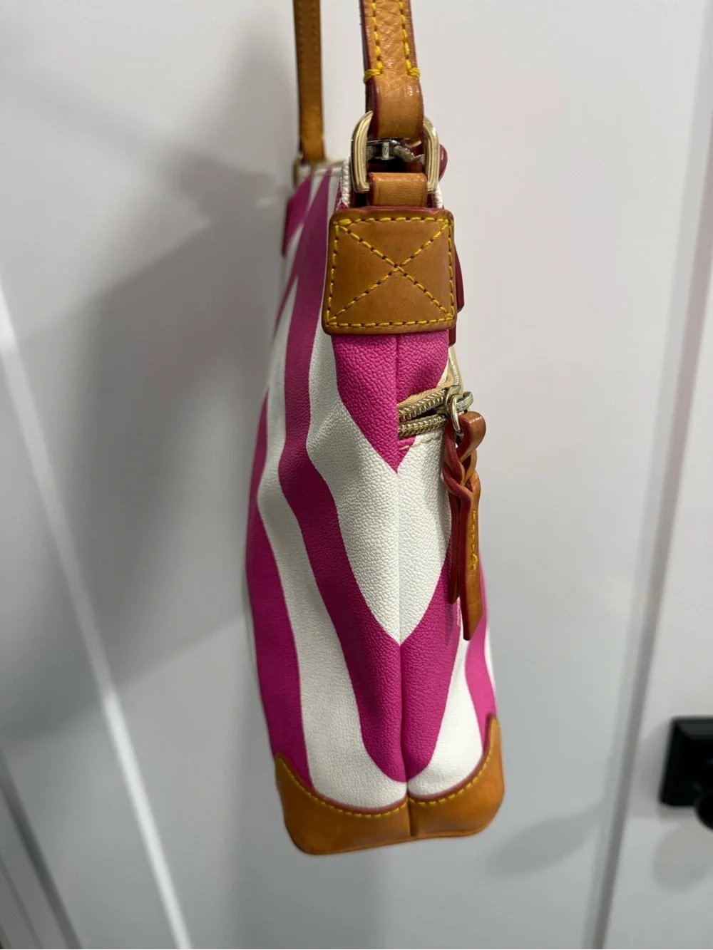 Dooney & Bourke Hot Pink and White Chevron Crossbody